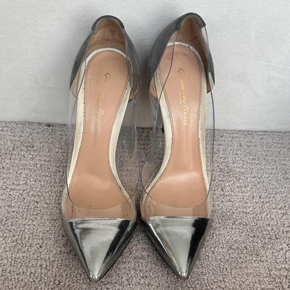 Gianvito Rossi Metallic Silver and Clear Heels